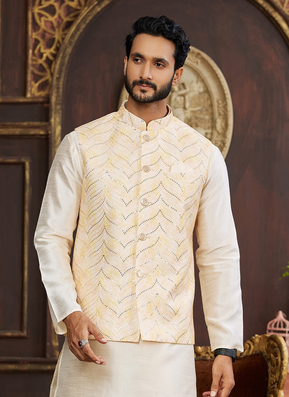 Digital Print Art Silk Beige, Cream Kurta Payjama With Jacket - M8732