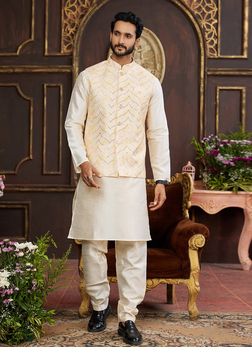 Digital Print Art Silk Beige, Cream Kurta Payjama With Jacket - M8732