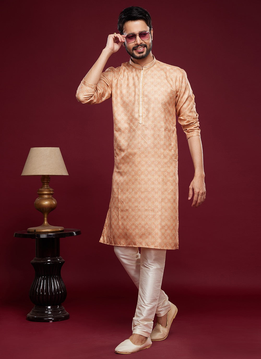 Digital Print Art Silk Peach Kurta Pyjama - M6020