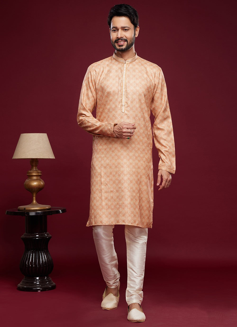 Digital Print Art Silk Peach Kurta Pyjama - M6020