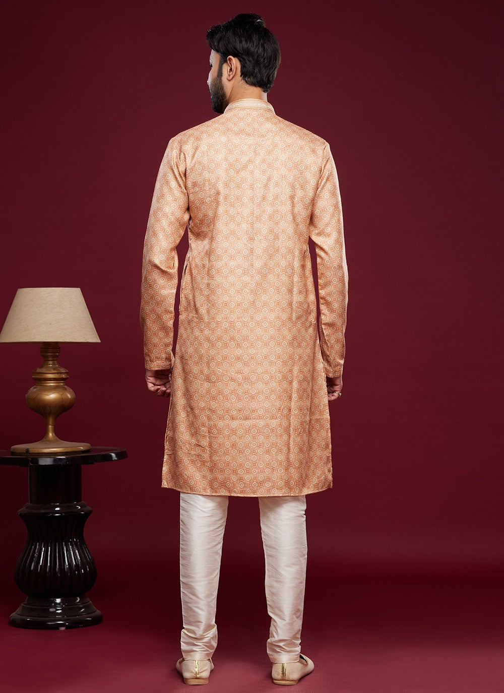 Digital Print Art Silk Peach Kurta Pyjama - M6020