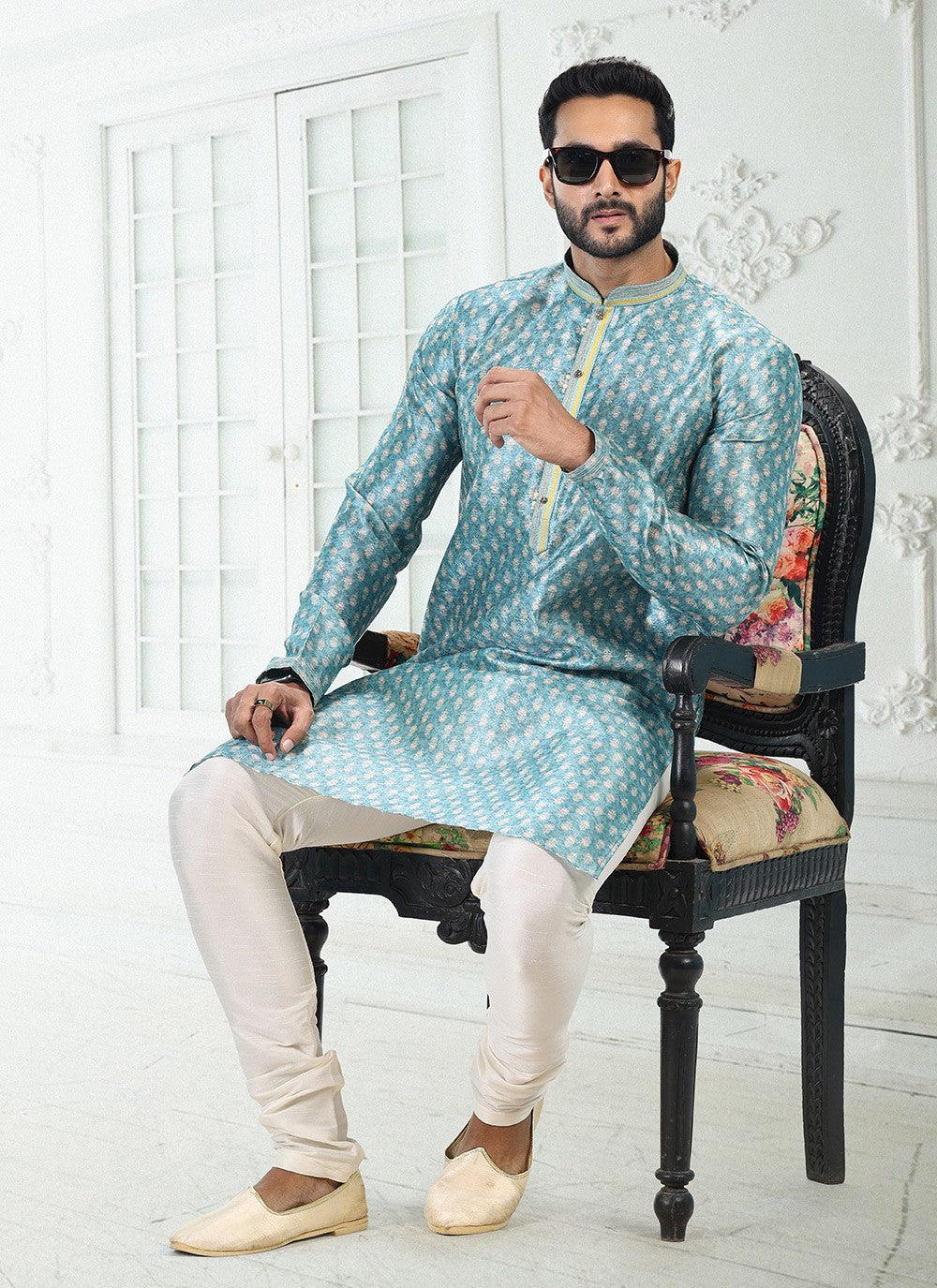 Digital Print Banarasi Silk Blue Kurta Pyjama - M4917