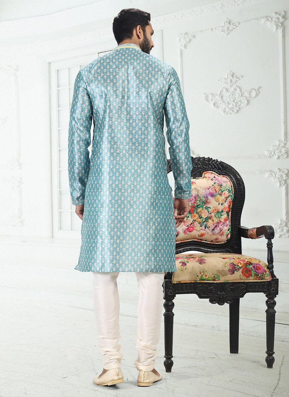 Digital Print Banarasi Silk Blue Kurta Pyjama - M4917