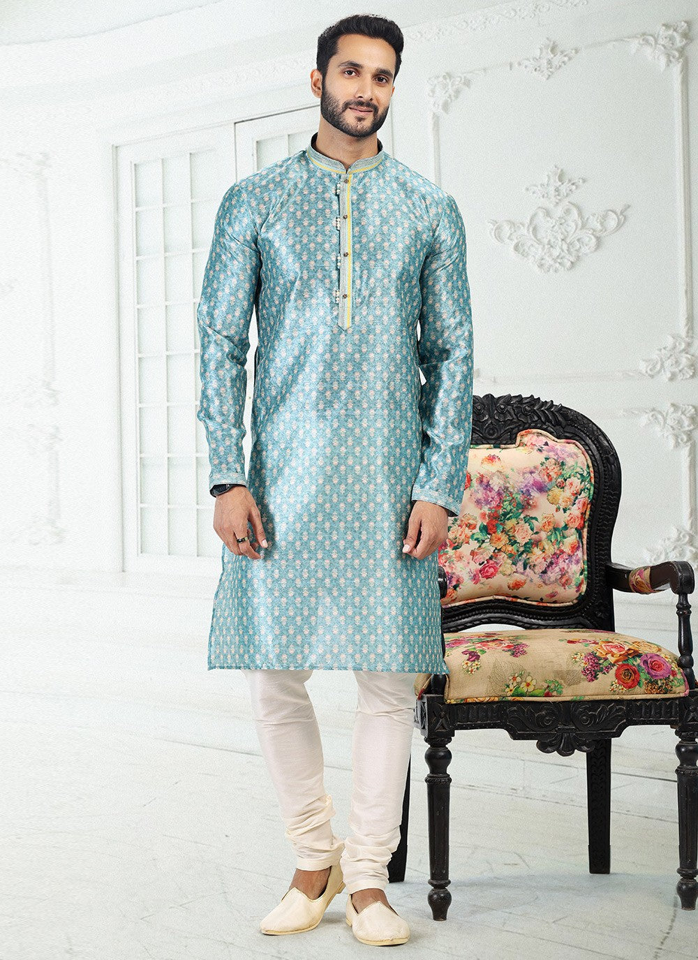 Digital Print Banarasi Silk Blue Kurta Pyjama - M4917