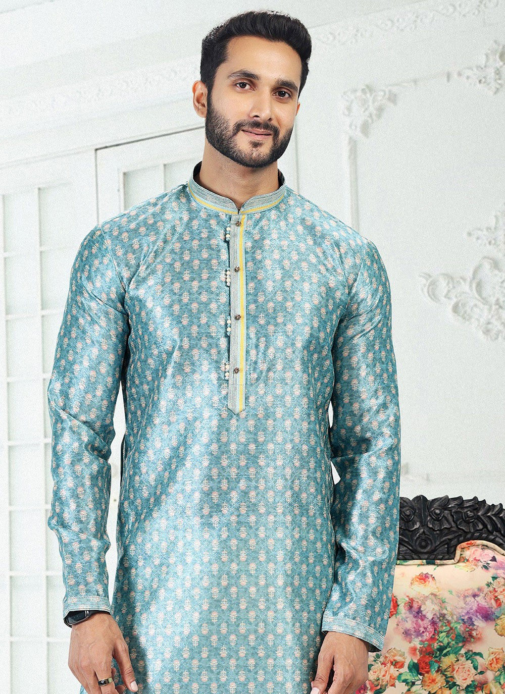 Digital Print Banarasi Silk Blue Kurta Pyjama - M4917