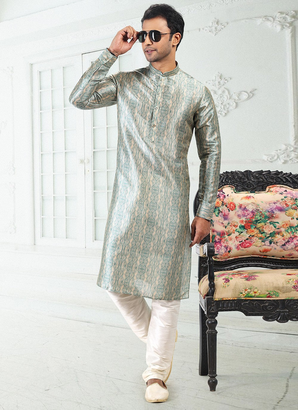 Digital Print Banarasi Silk Cream, Green Kurta Pyjama - M4925