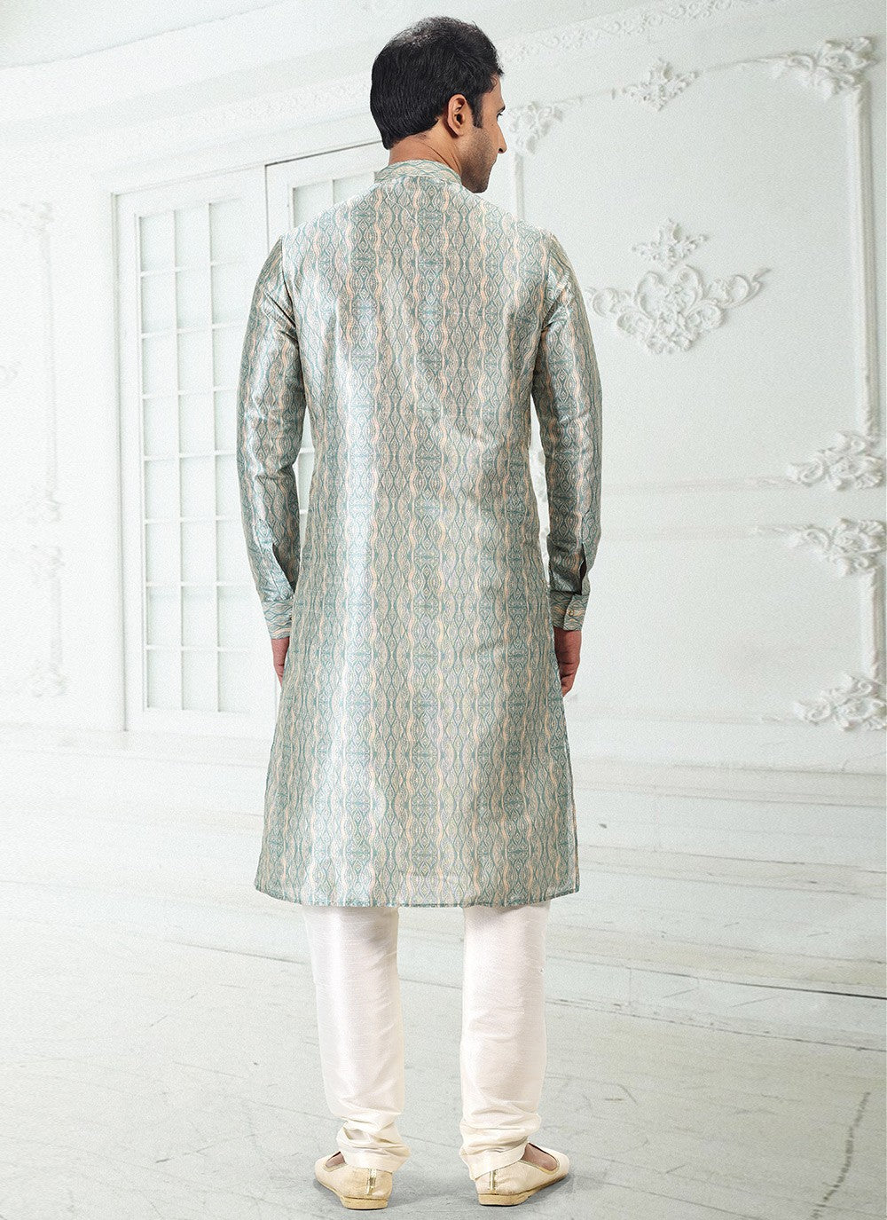 Digital Print Banarasi Silk Cream, Green Kurta Pyjama - M4925