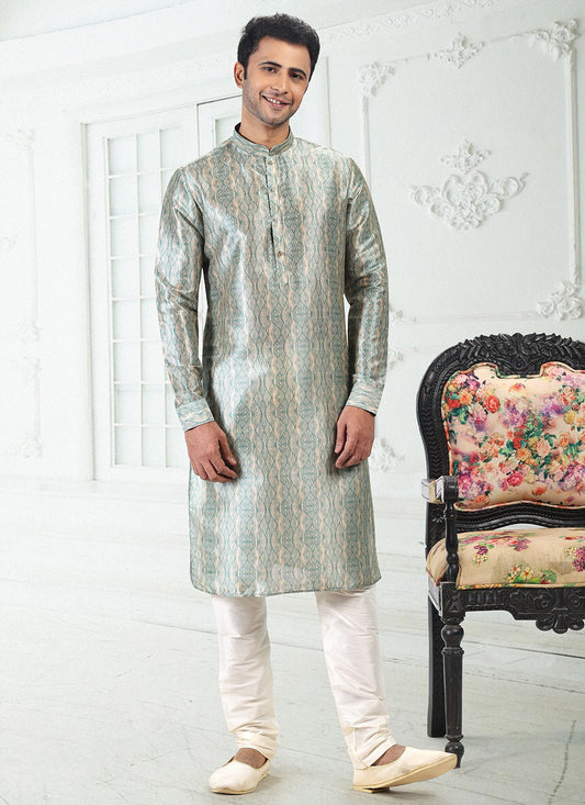 Digital Print Banarasi Silk Cream, Green Kurta Pyjama - M4925