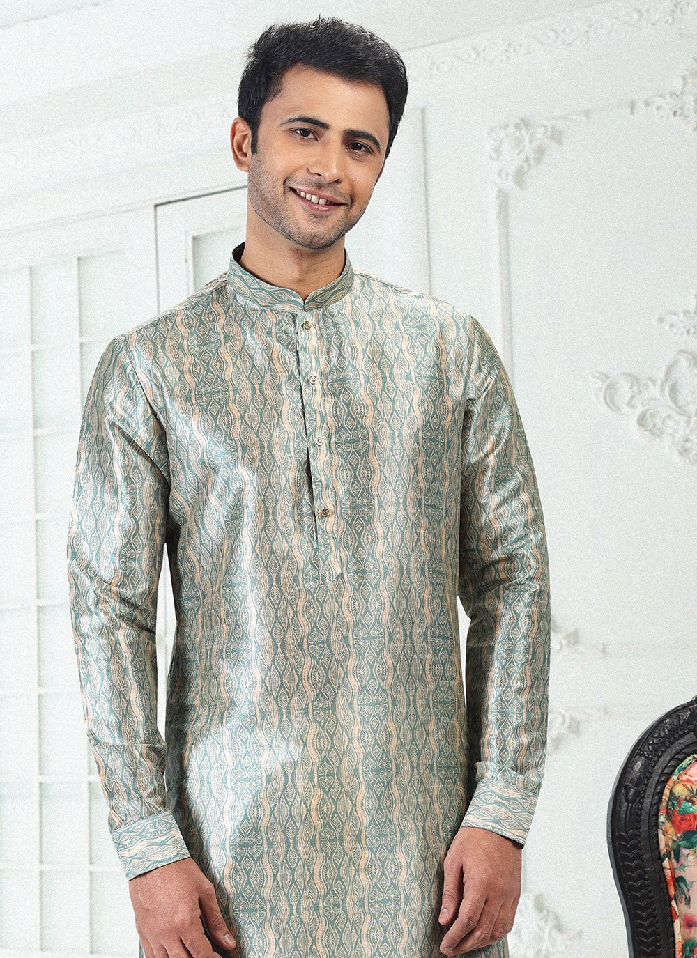 Digital Print Banarasi Silk Cream, Green Kurta Pyjama - M4925