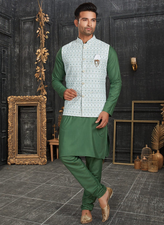 Chicken Cotton Green, Off White Kurta Payjama With Jacket - M4622