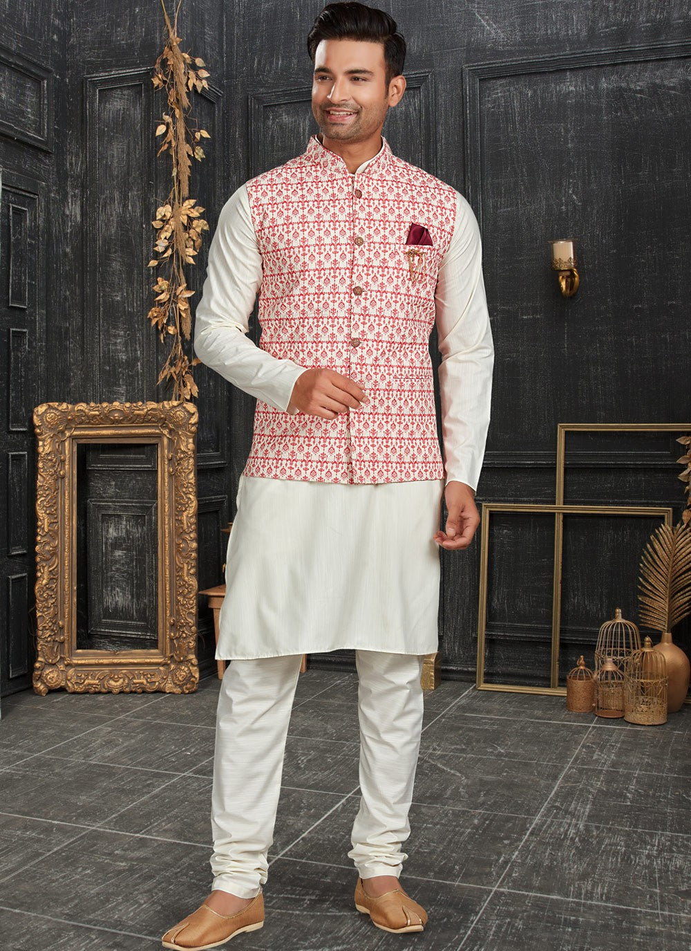 Chicken Cotton Off White, Pink Kurta Payjama With Jacket - M4628