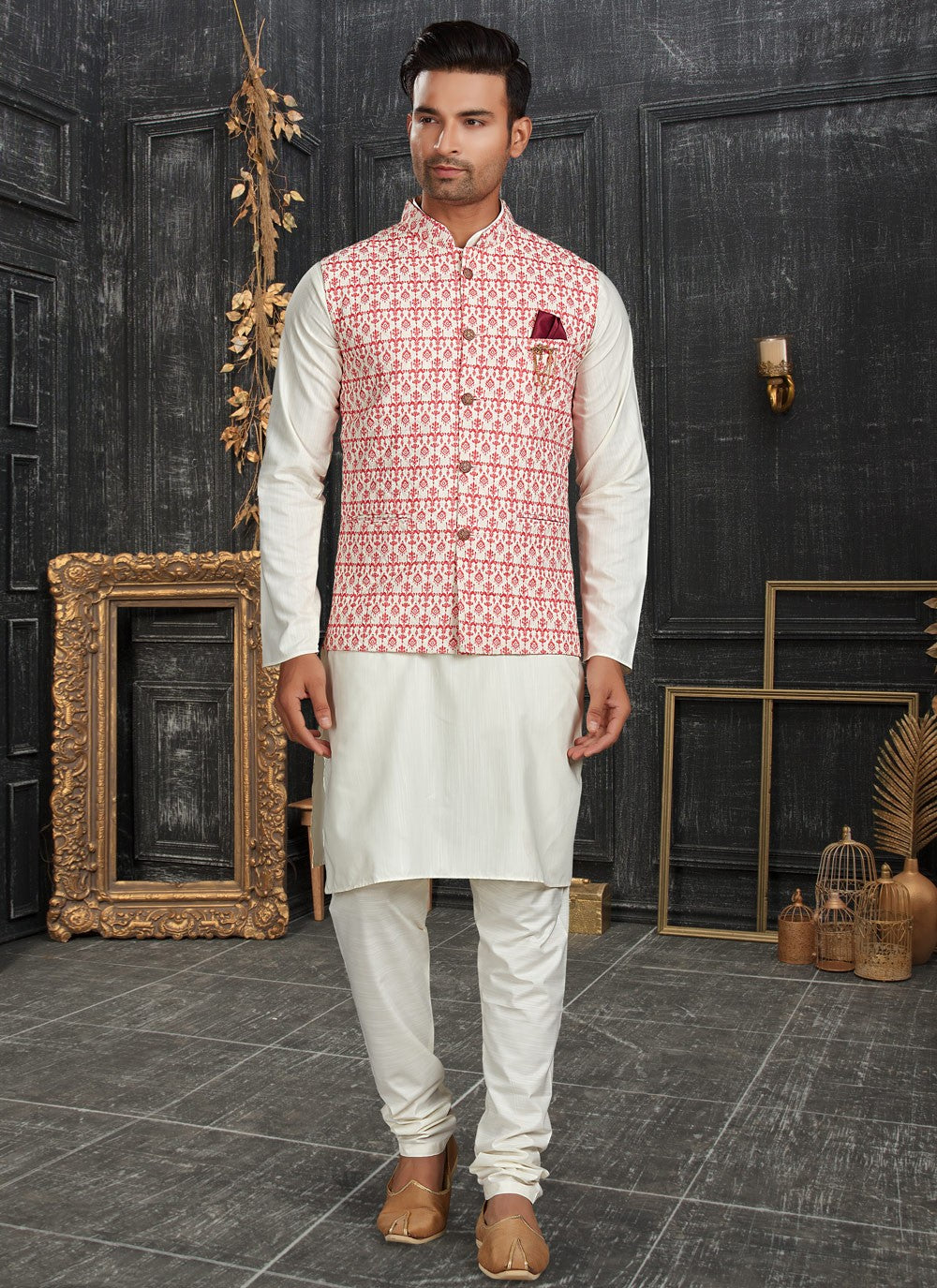 Chicken Cotton Off White, Pink Kurta Payjama With Jacket - M4628