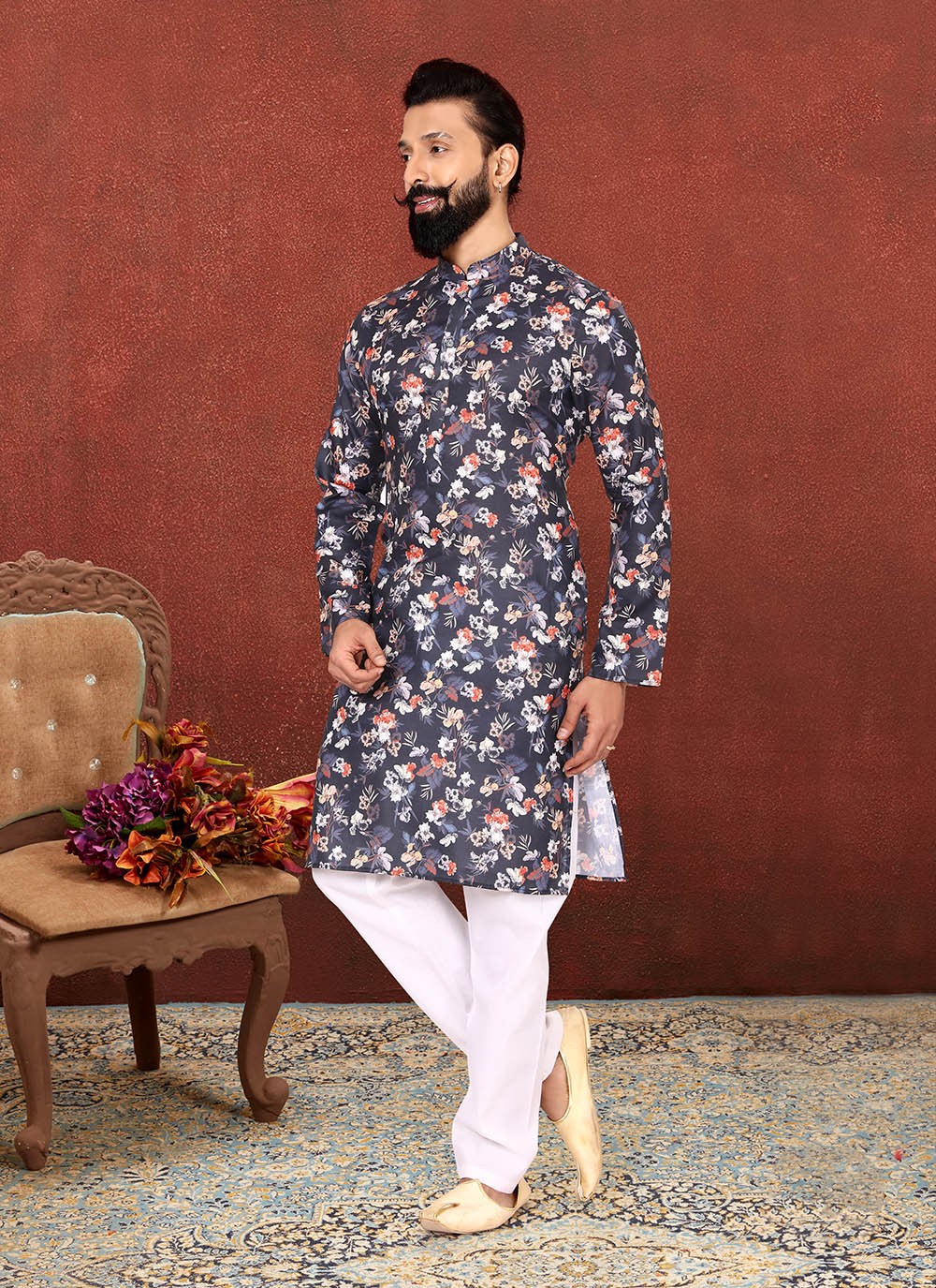 Digital Print Cotton Black Kurta Pyjama - M2582