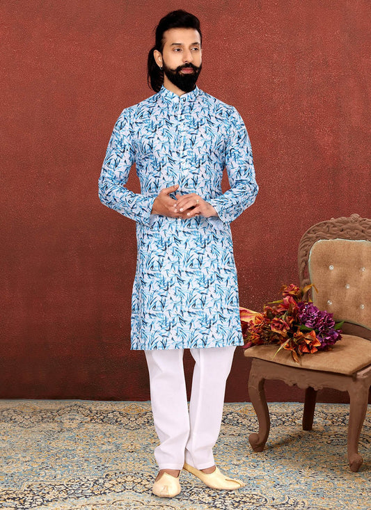 Digital Print Cotton Off White Kurta Pyjama - M2586