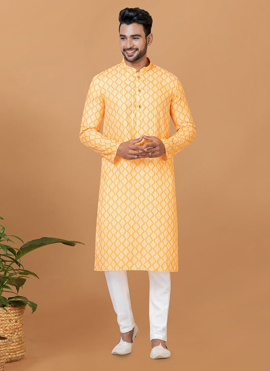 Digital Print Cotton Yellow Kurta Pyjama - M5908