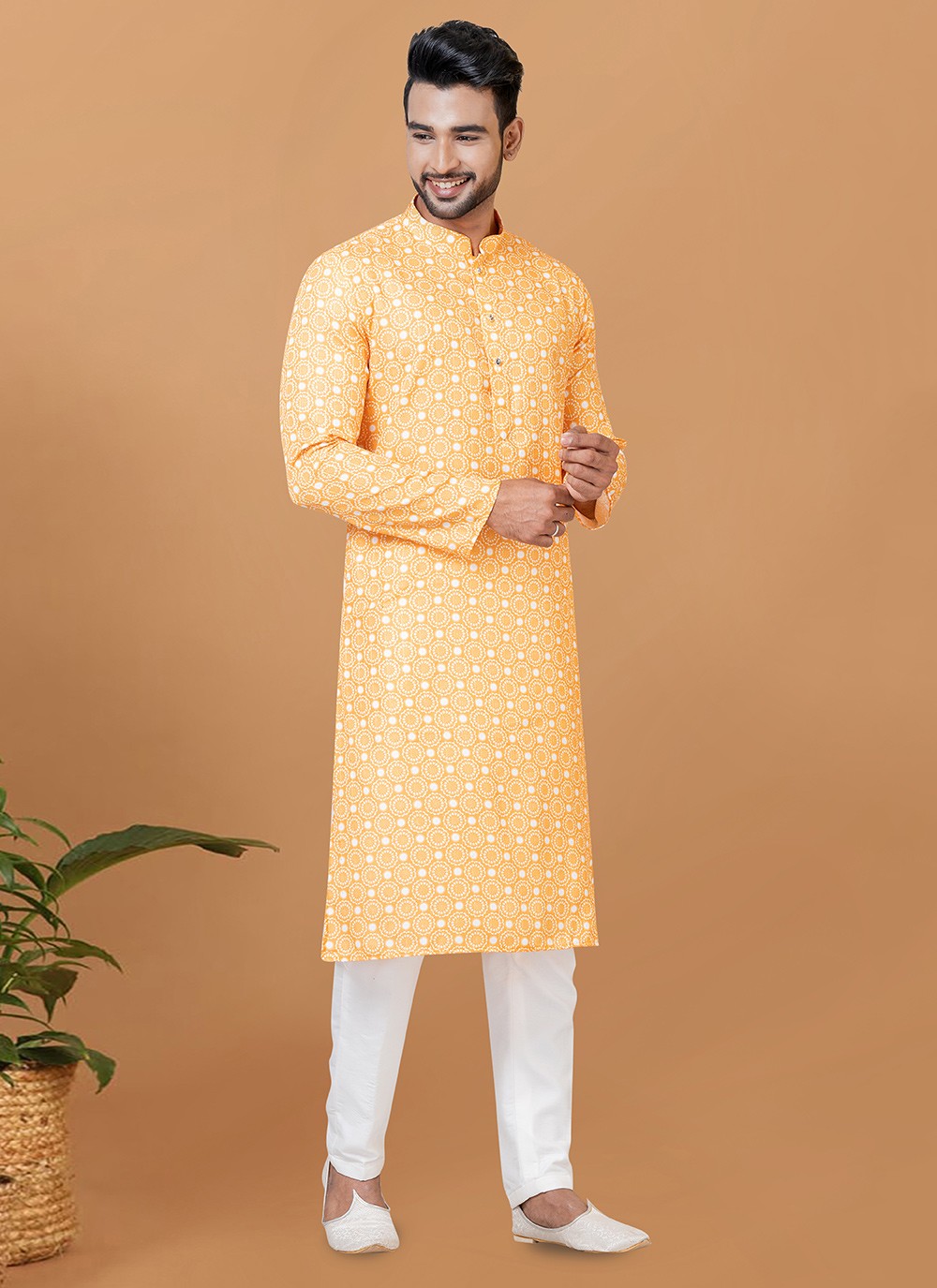 Digital Print Cotton Yellow Kurta Pyjama - M5925