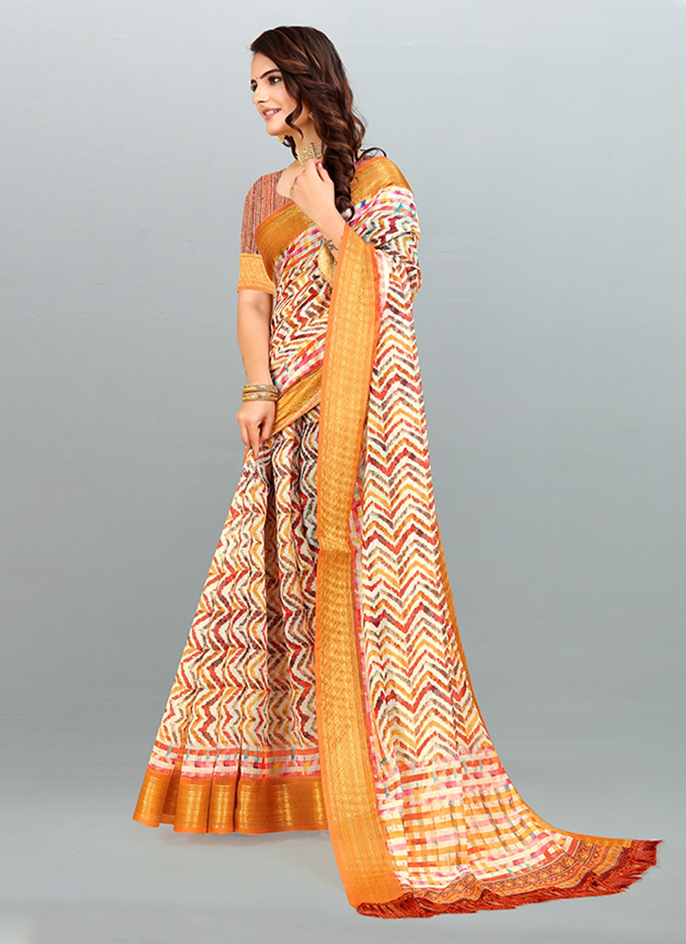 Saree Digital Print Cotton , Jacquard Saree - S3182