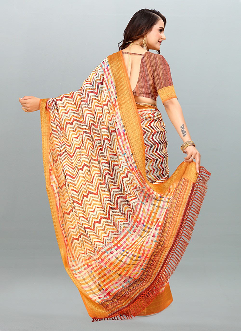 Saree Digital Print Cotton , Jacquard Saree - S3182