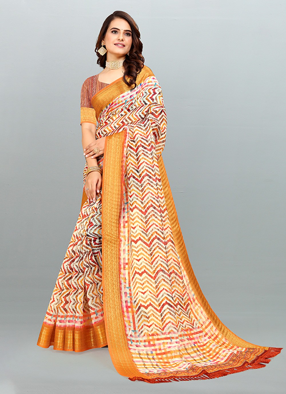 Saree Digital Print Cotton , Jacquard Saree - S3182