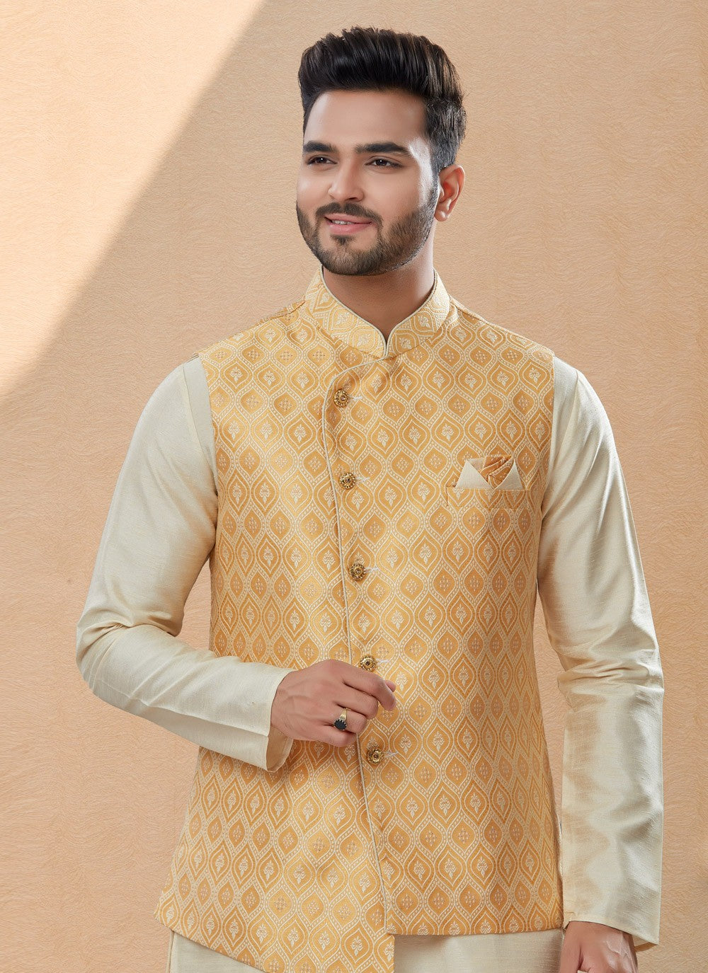 Digital Print Dupion Silk, Jacquard Beige, Orange Kurta Payjama With Jacket - M4035