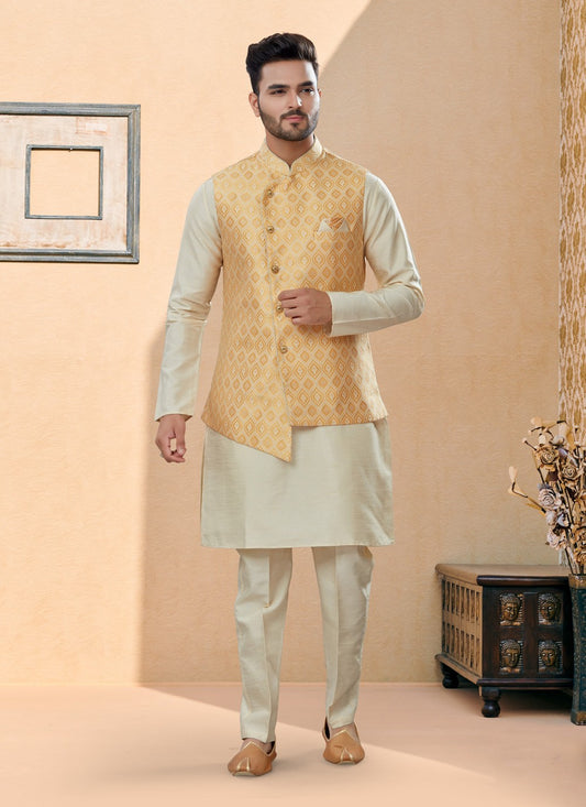 Digital Print Dupion Silk, Jacquard Beige, Orange Kurta Payjama With Jacket - M4035