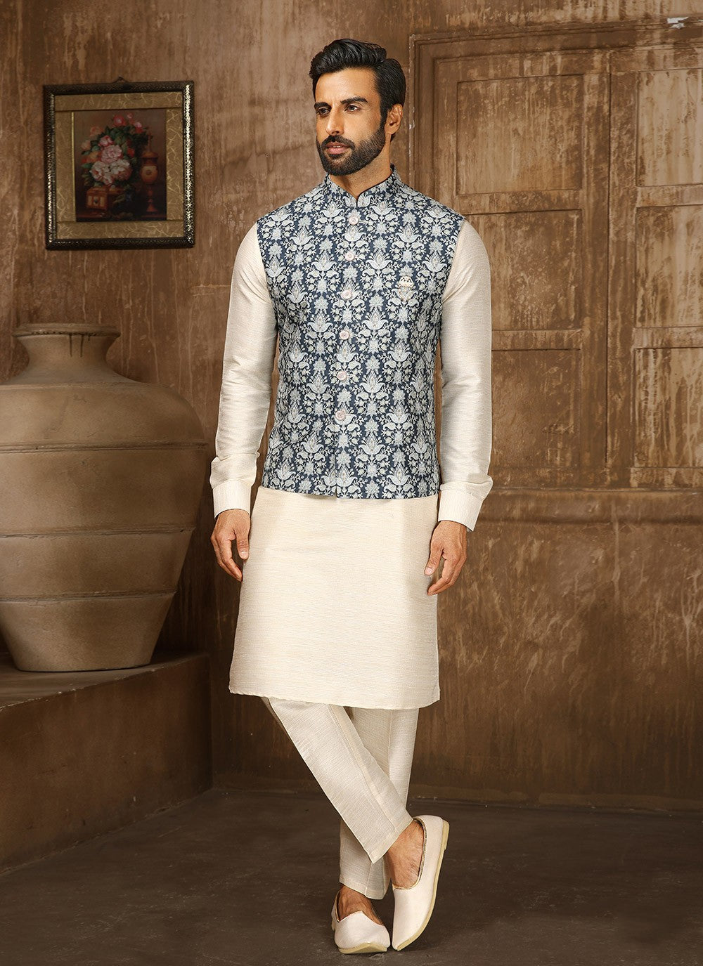 Digital Print Fancy Fabric Blue, Cream Kurta Payjama With Jacket - M4254