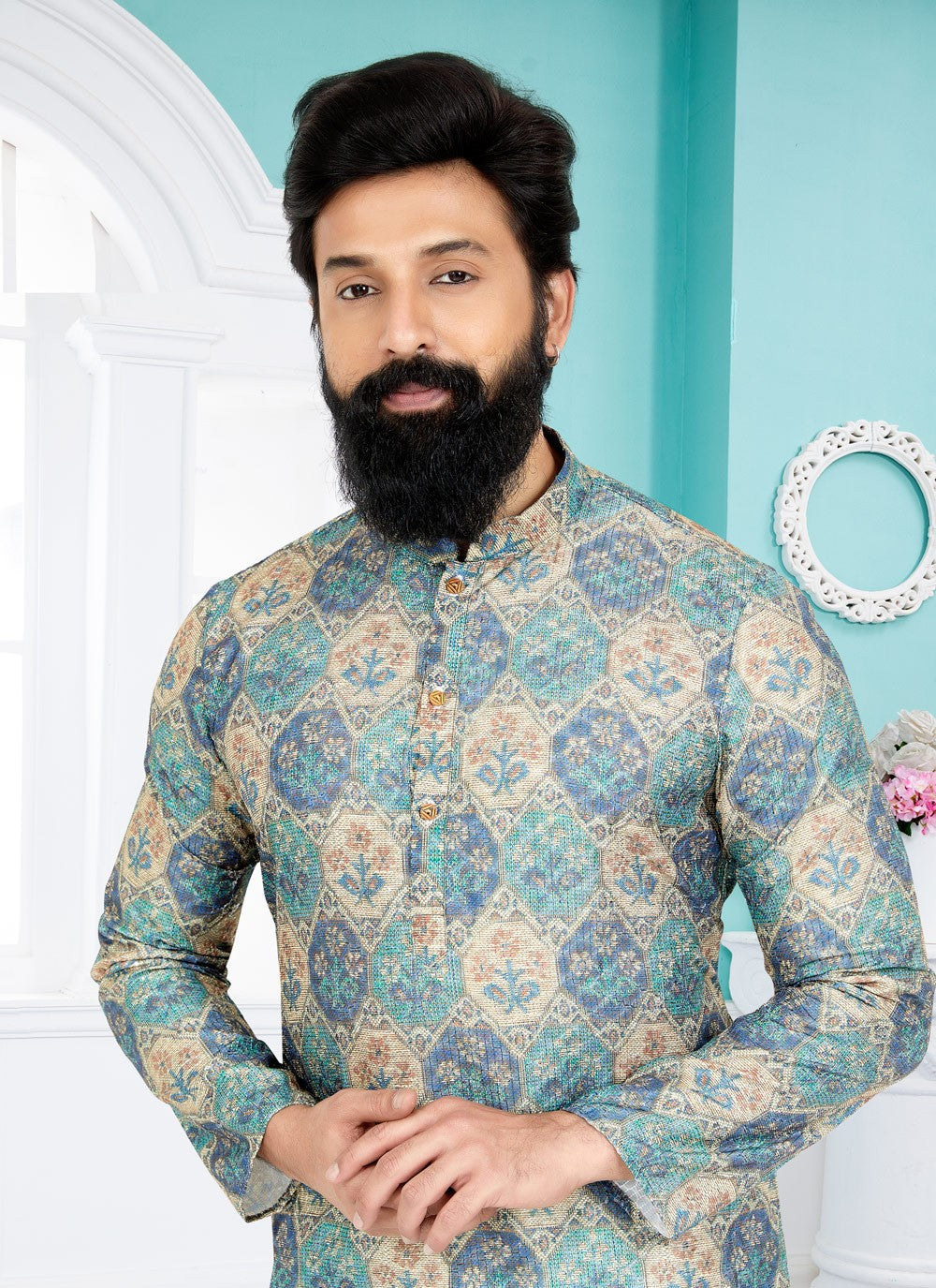 Digital Print Fancy Fabric Multi Colour Kurta Pyjama - M5093