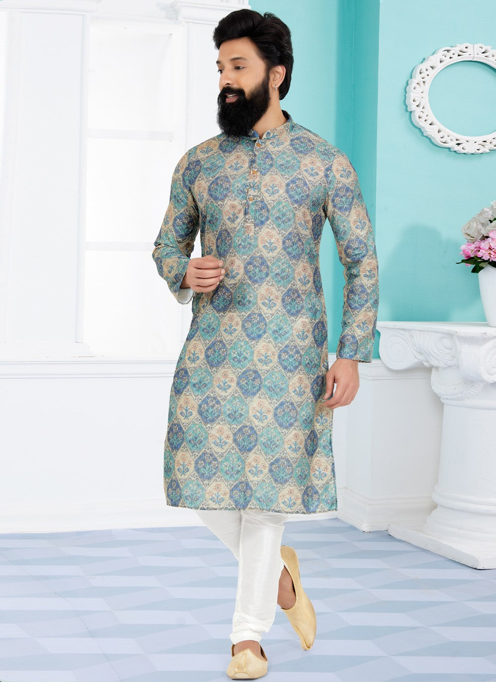 Digital Print Fancy Fabric Multi Colour Kurta Pyjama - M5093