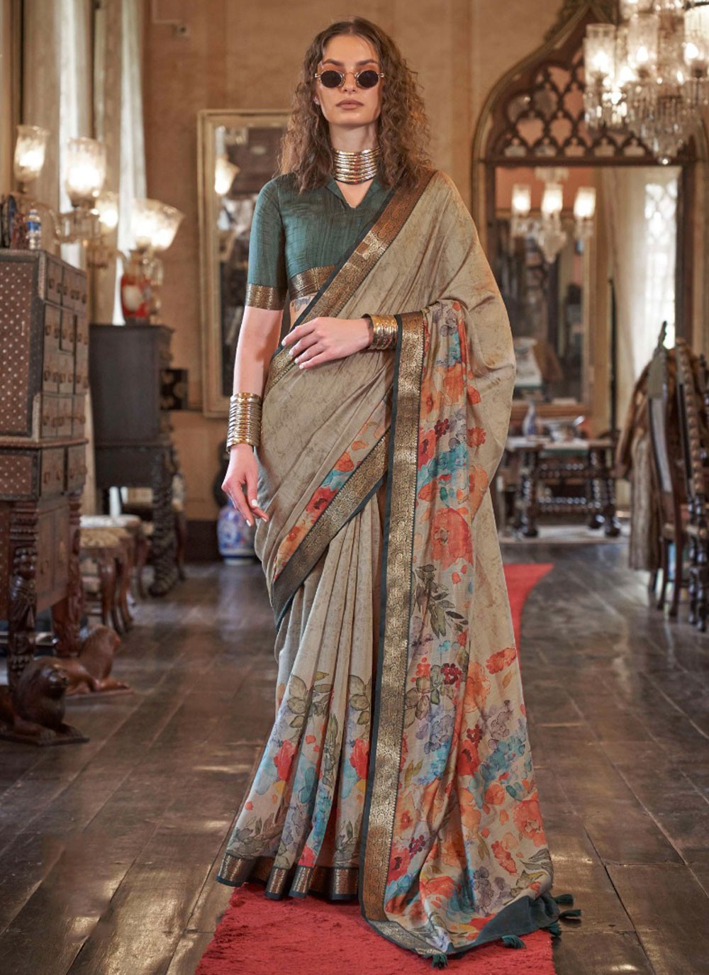 Classic Digital Print Silk, Viscose Saree - S8978