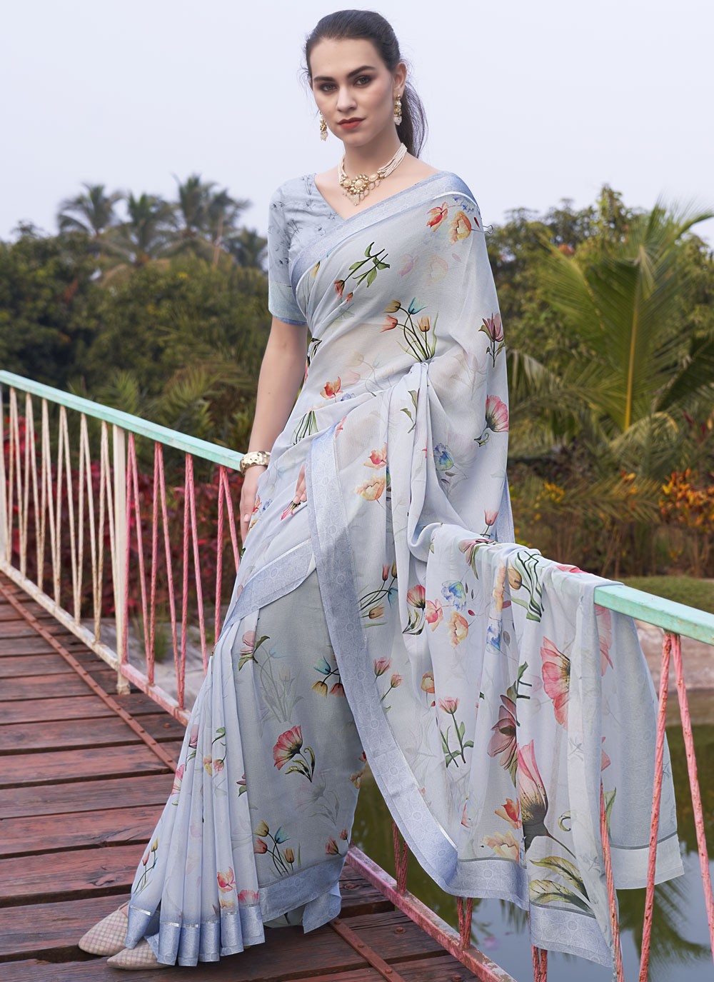 Contemporary Digital Print Georgette Aqua Blue Saree - S11148