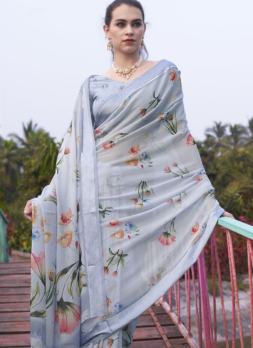 Contemporary Digital Print Georgette Aqua Blue Saree - S11148