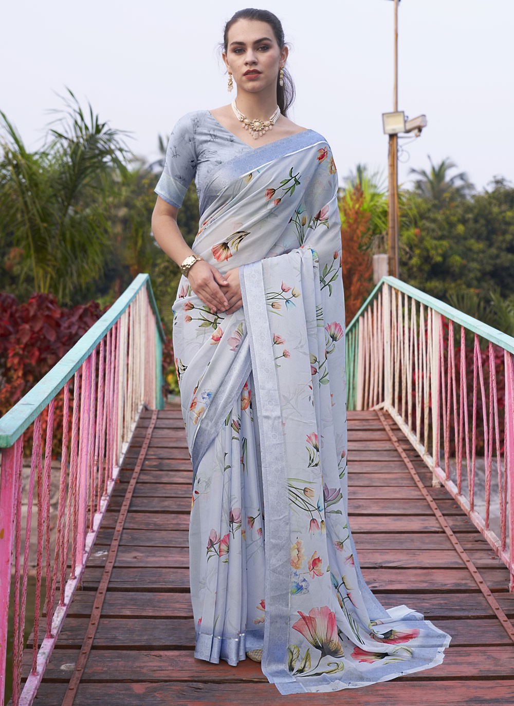 Contemporary Digital Print Georgette Aqua Blue Saree - S11148