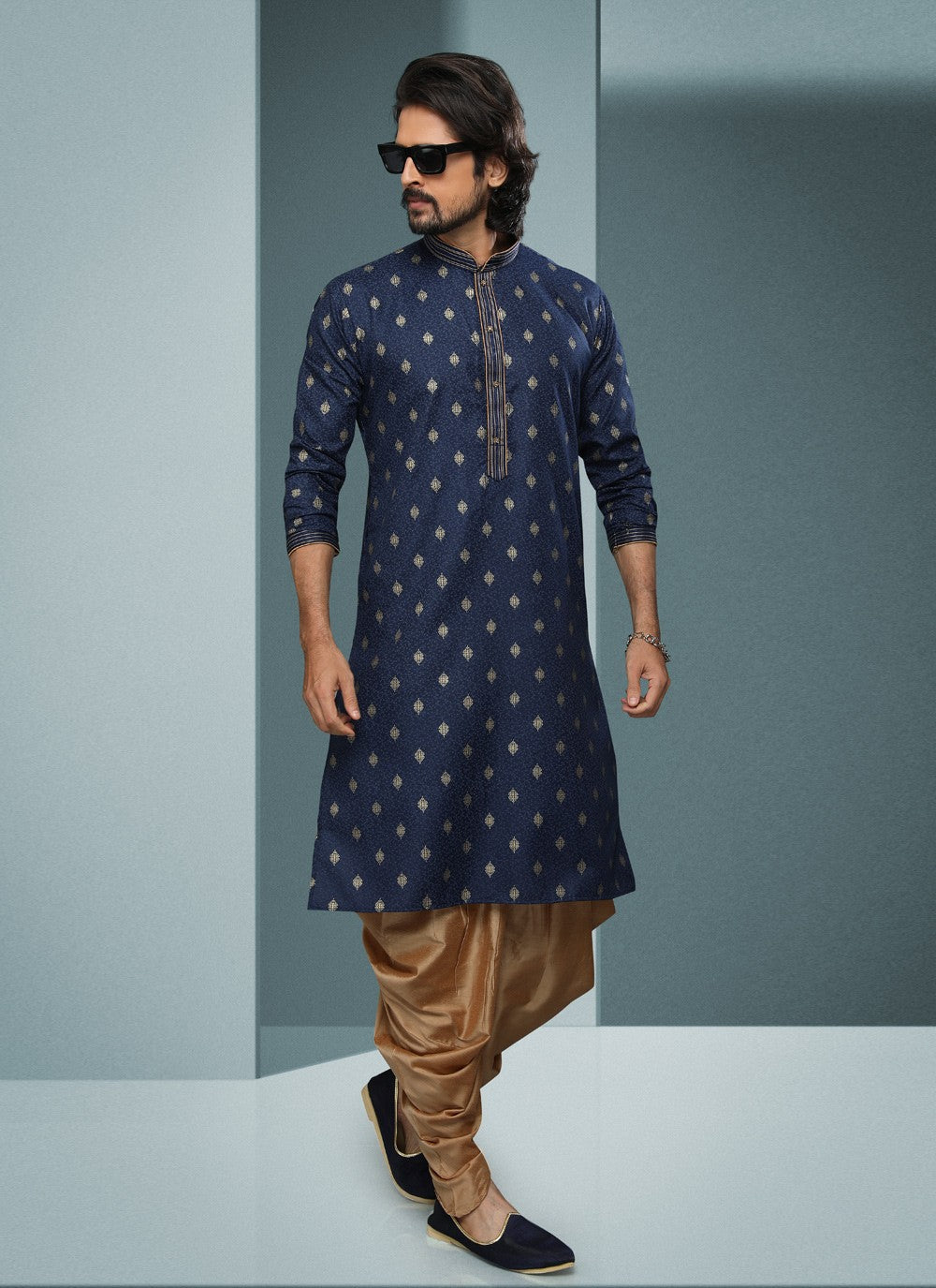 Digital Print Handloom Cotton Blue Dhoti Kurta - M4075