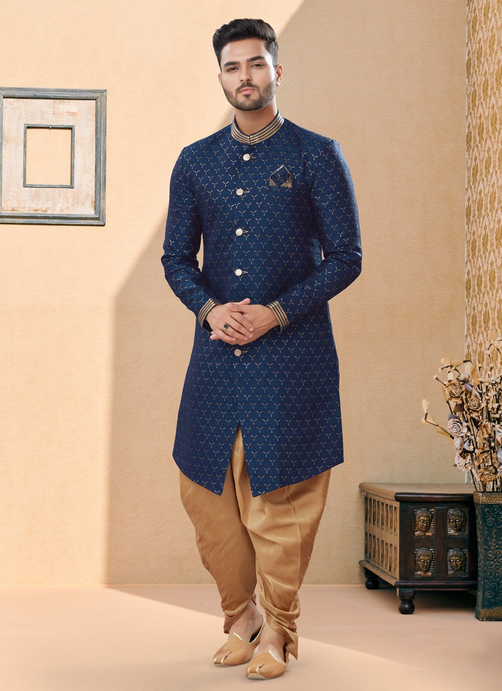 Digital Print Jacquard Blue Indo Western Sherwani - M3893