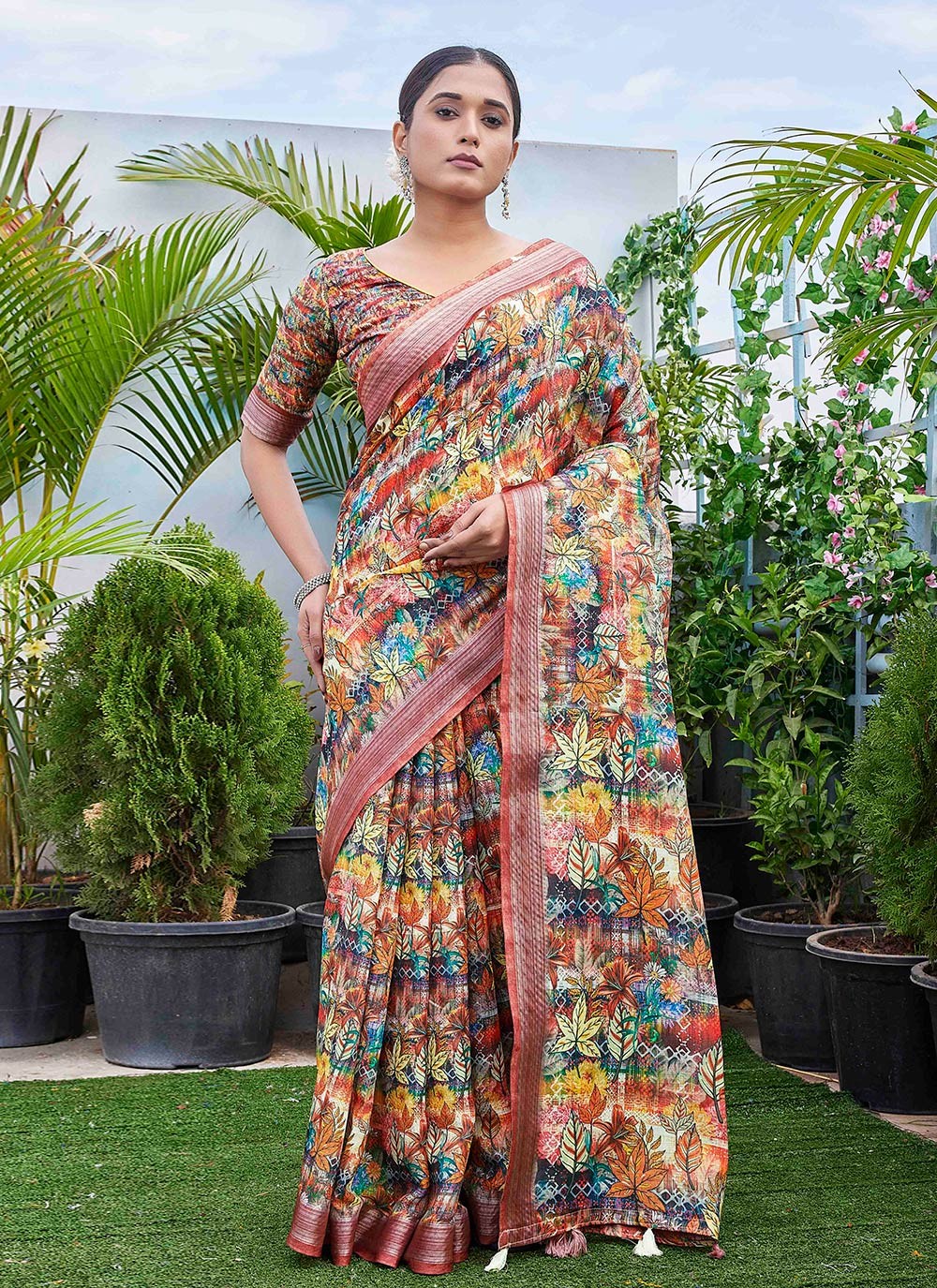 Contemporary Digital Print Linen Green Saree - S11017