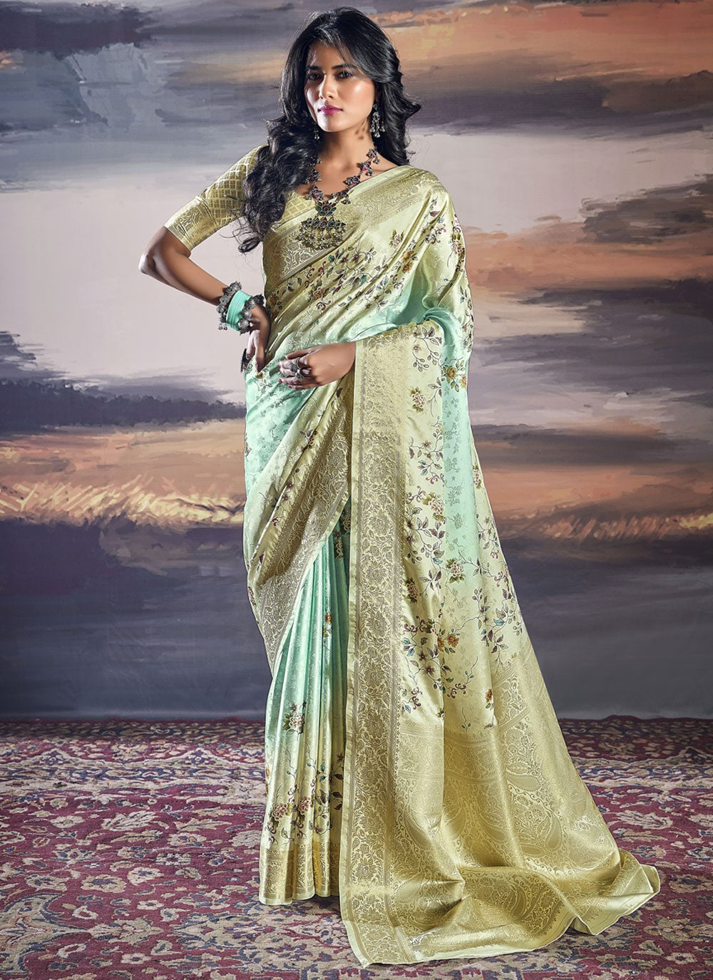 Classic Digital Print Satin Saree - S9978