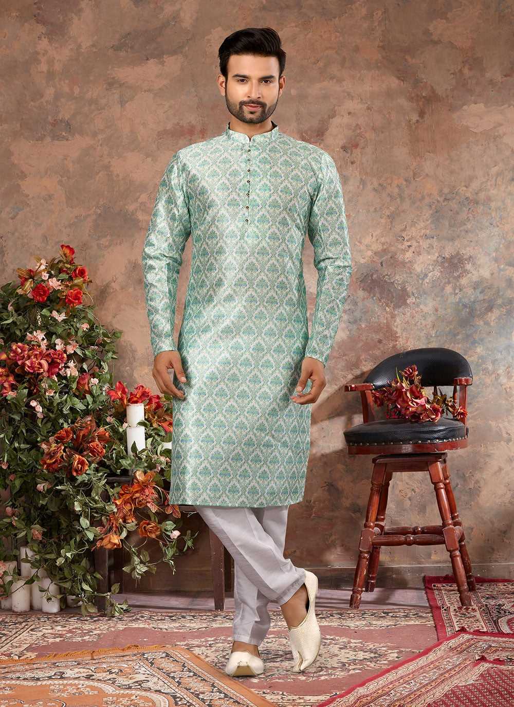 Digital Print Silk Green Kurta Pyjama - M3049