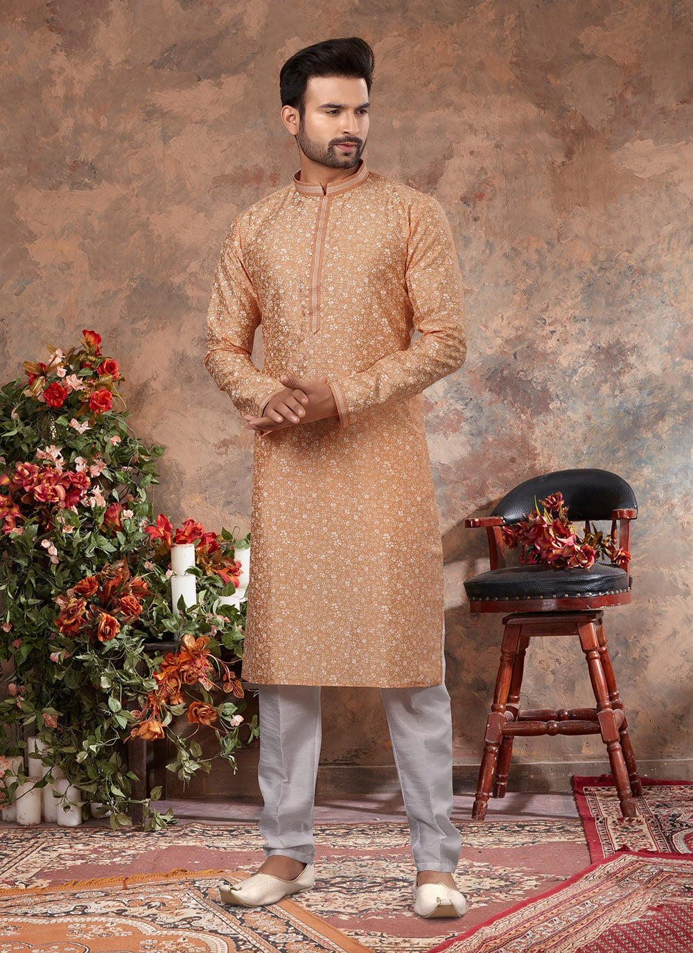 Digital Print Silk Peach Kurta Pyjama - M3022