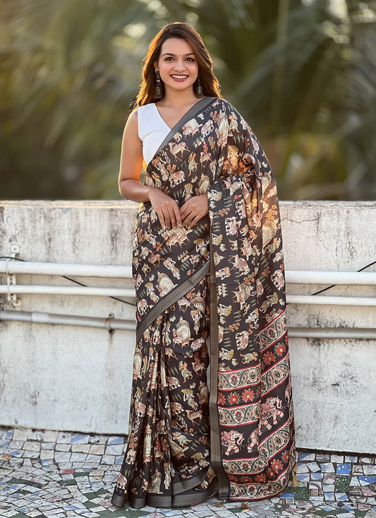 Border Work, Digital Print, Woven Tussar Silk Saree - S11795