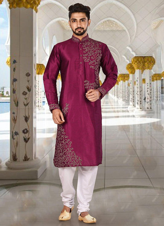 Aari Work Dupion Silk Purple Kurta Pyjama - M2282