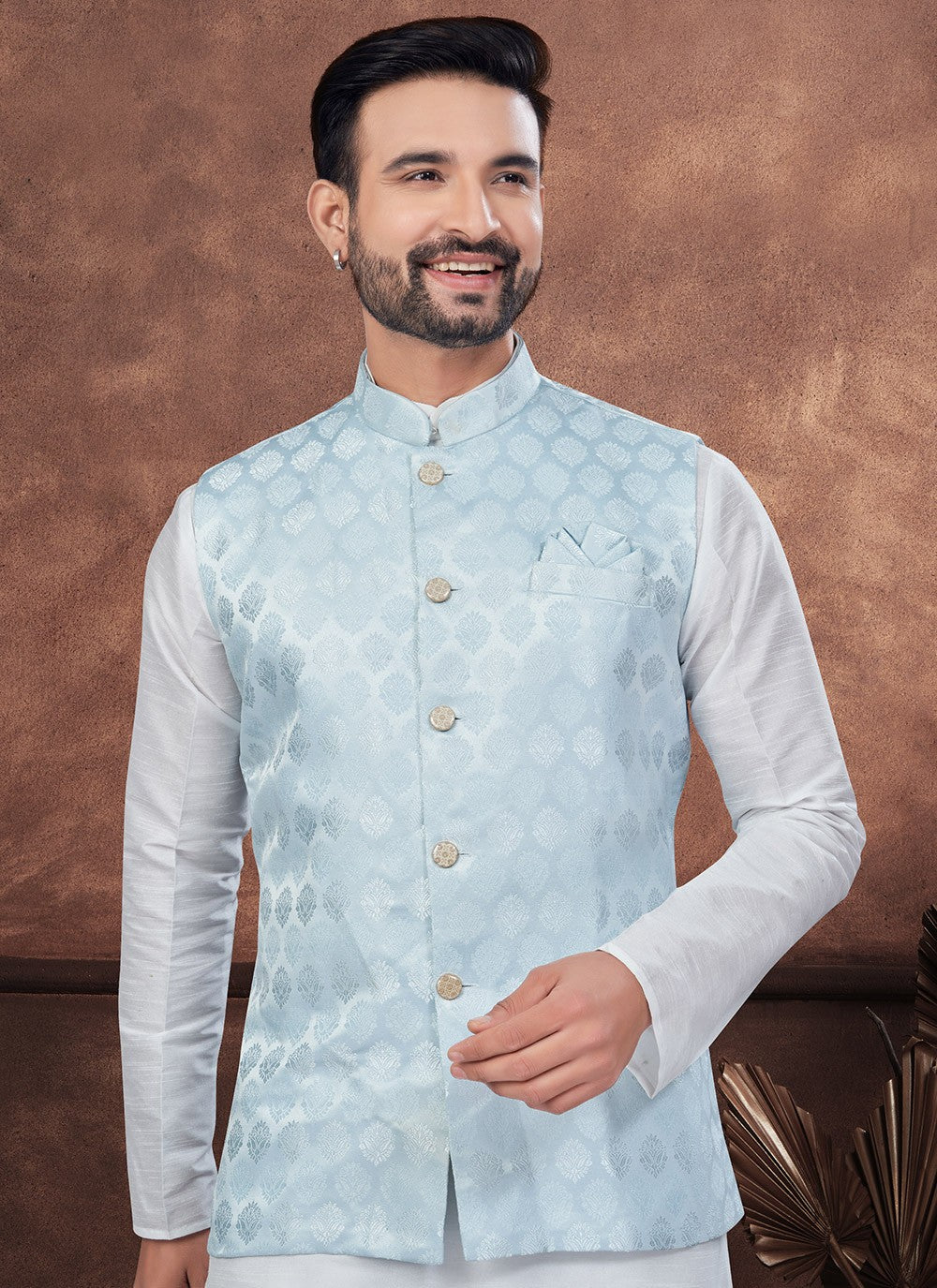 Buttons Dupion Silk, Imported, Jacquard Aqua Blue, Off White Kurta Payjama With Jacket - M8665