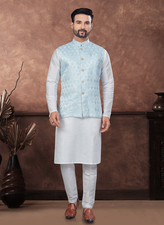 Buttons Dupion Silk, Imported, Jacquard Aqua Blue, Off White Kurta Payjama With Jacket - M8665