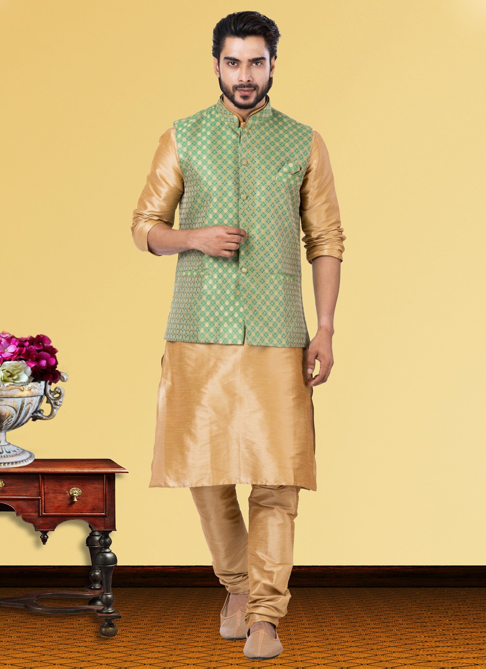 Jacquard Work Dupion Silk Beige, Green Kurta Payjama With Jacket - M3756