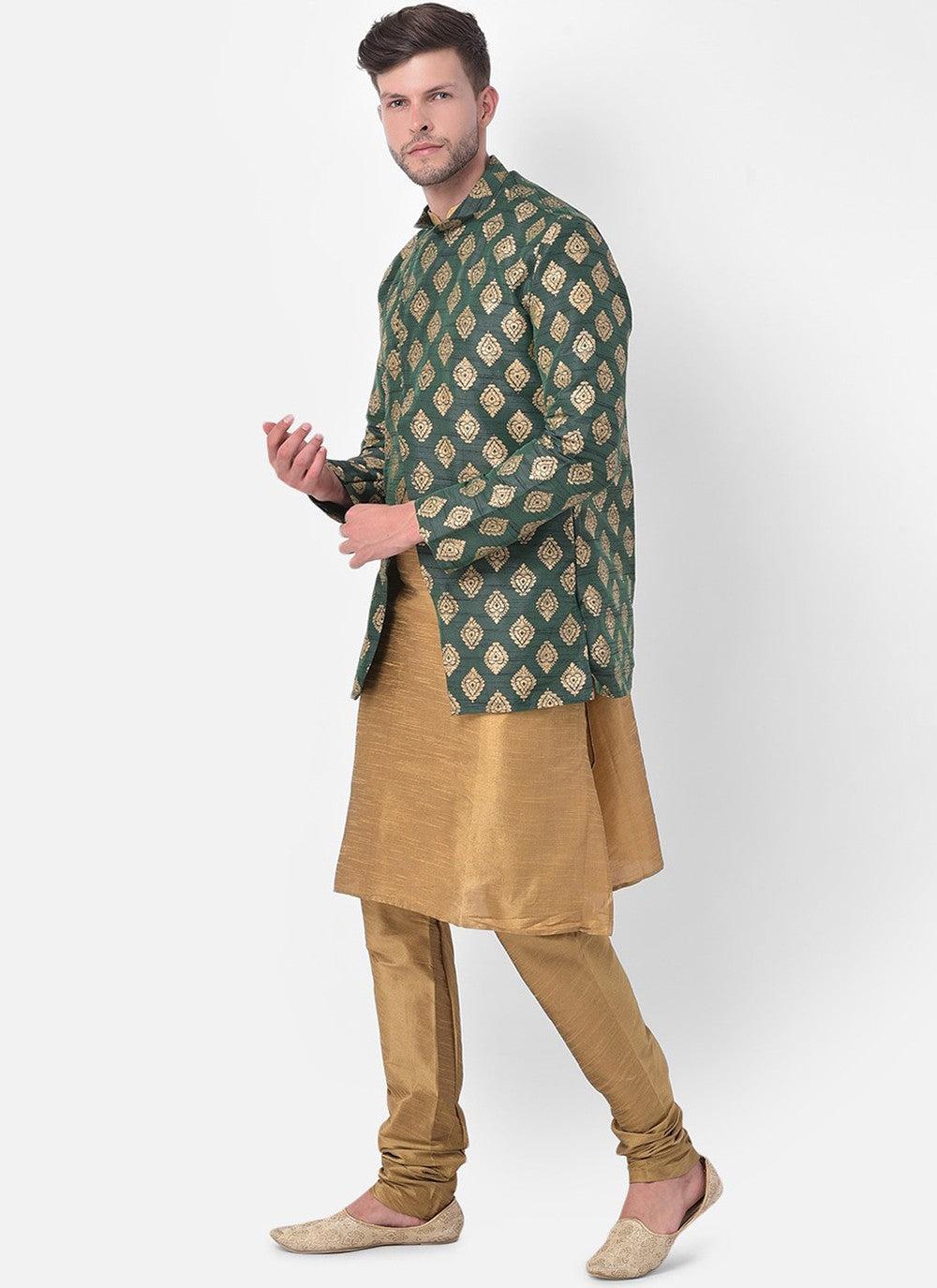 Fancy Work Dupion Silk Beige, Green Kurta Payjama With Jacket - M5221