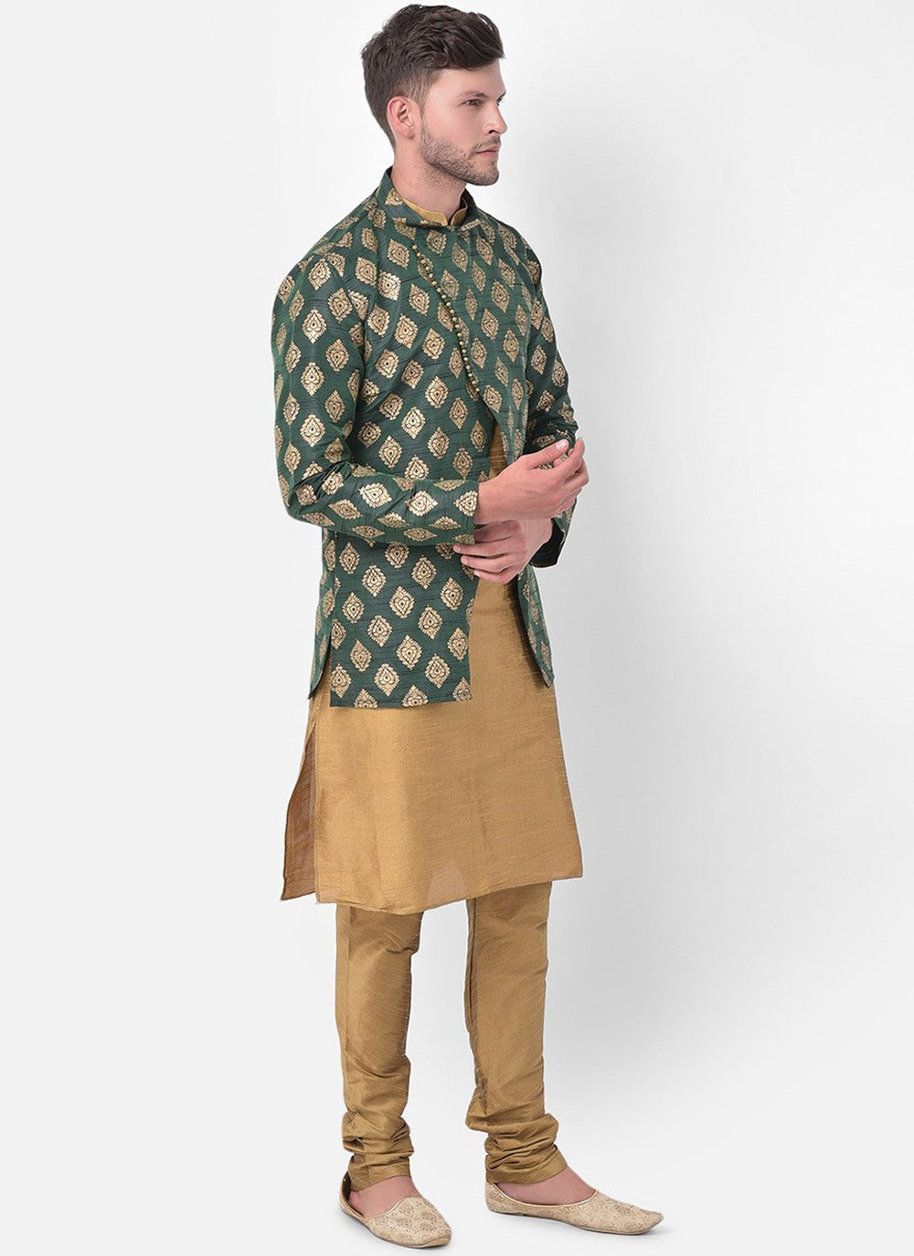 Fancy Work Dupion Silk Beige, Green Kurta Payjama With Jacket - M5221