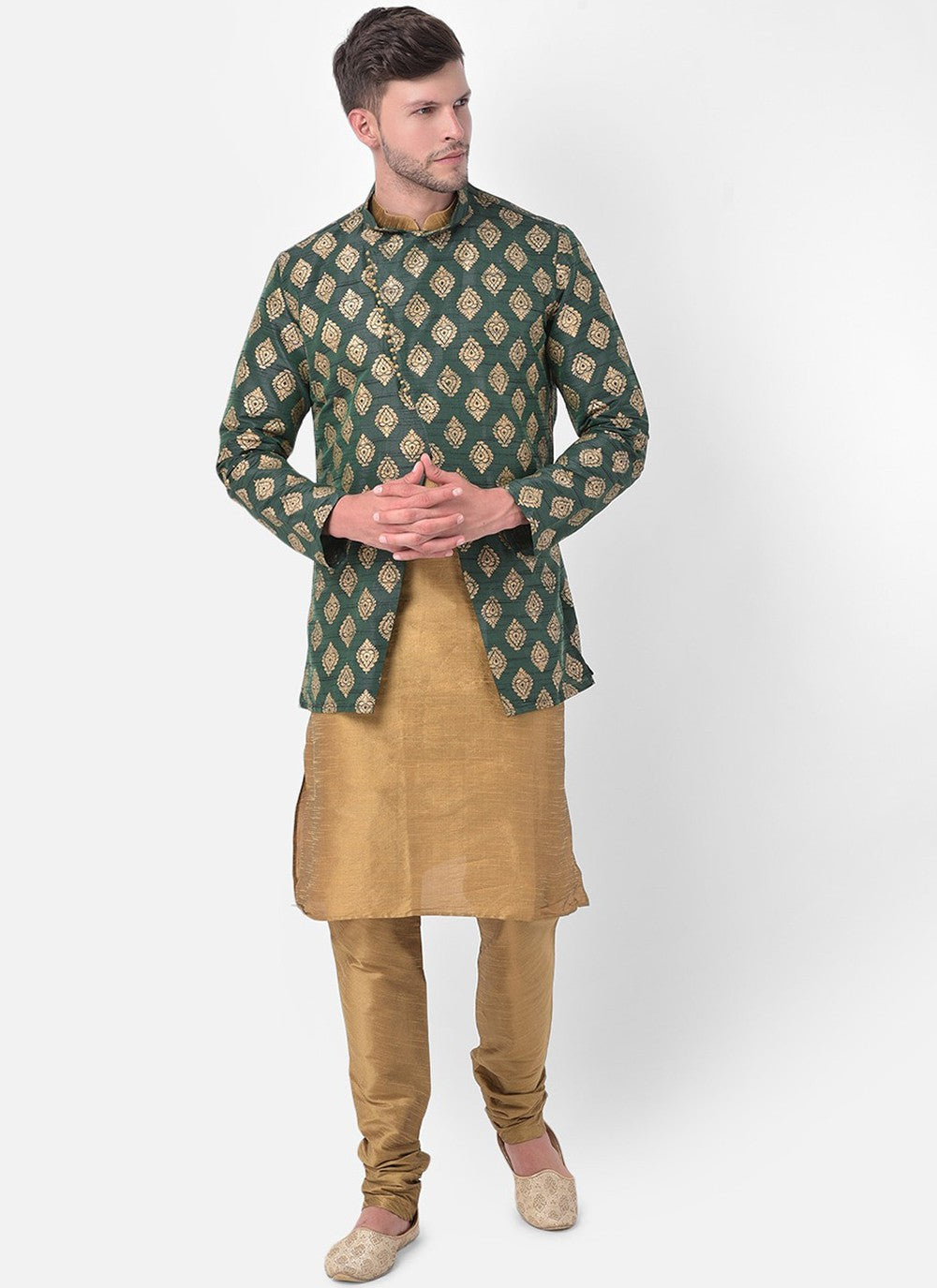 Fancy Work Dupion Silk Beige, Green Kurta Payjama With Jacket - M5221