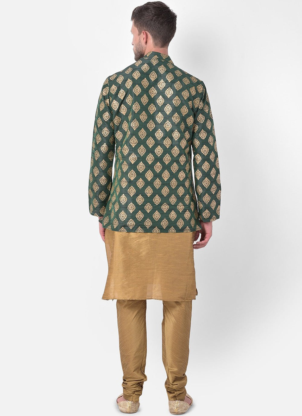 Fancy Work Dupion Silk Beige, Green Kurta Payjama With Jacket - M5221