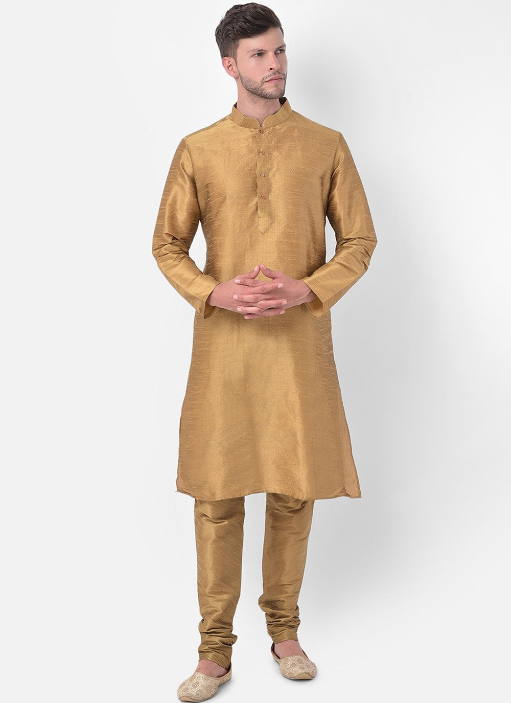 Fancy Work Dupion Silk Beige, Green Kurta Payjama With Jacket - M5221