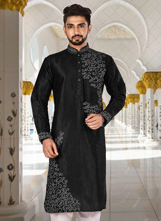 Aari Work Dupion Silk Black Kurta - M2295