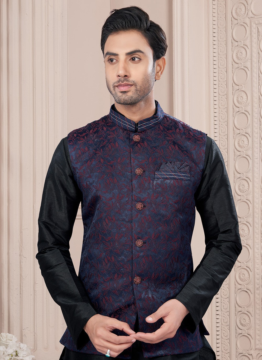 Printed Dupion Silk, Jacquard Black, Blue Kurta Payjama With Jacket - M8678